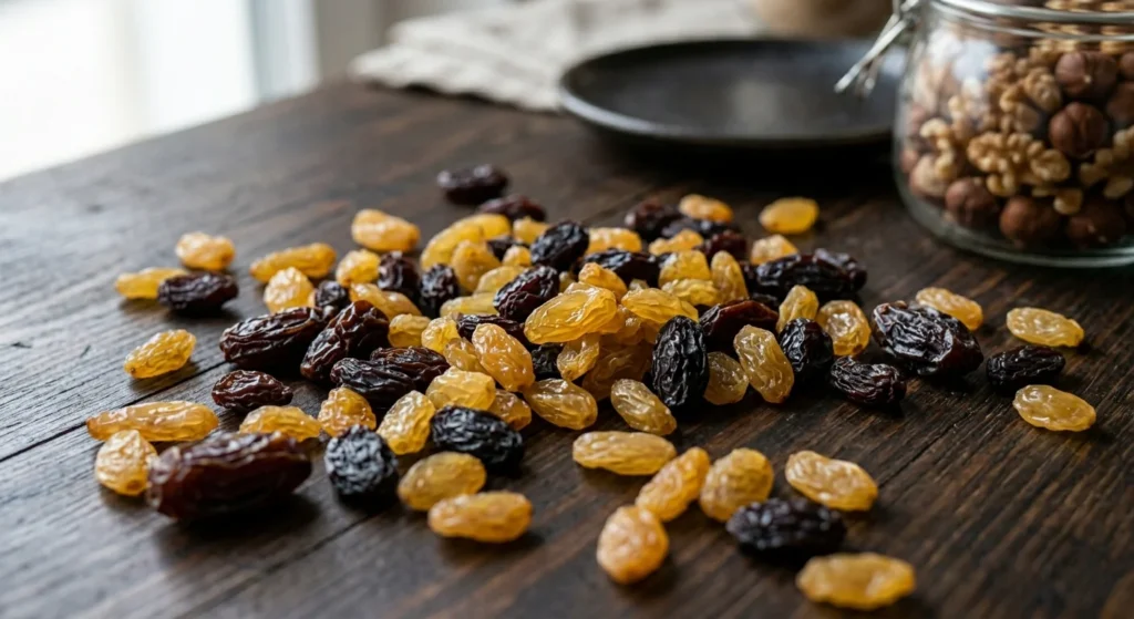 Golden raisins scattered on dark wood for natural sweetness and iron content