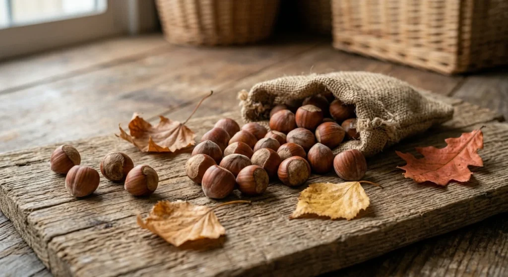Whole hazelnuts with dried leaves on rustic wooden surface for fiber and antioxidants