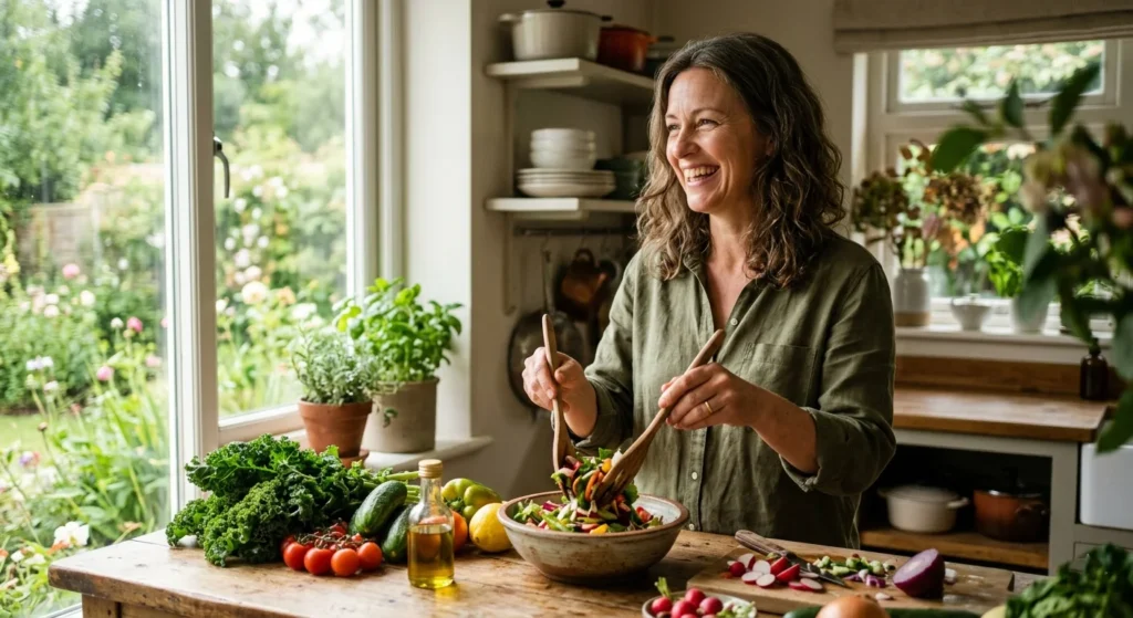 Happy woman in her 40s preparing a fresh salad in a sunlit kitchen – choosing whole foods gives her the essential nutrients women need after 40