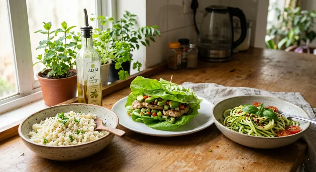 Kitchen counter with lettuce wrap sandwich, cauliflower rice, and zucchini noodles as healthy alternatives to processed carbs

