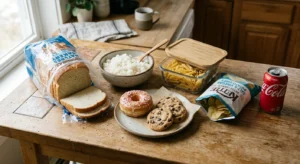 Realistic flat lay of hidden processed carbs including white bread, white rice, pasta, donut, cookies, chips, and soda on a kitchen counter