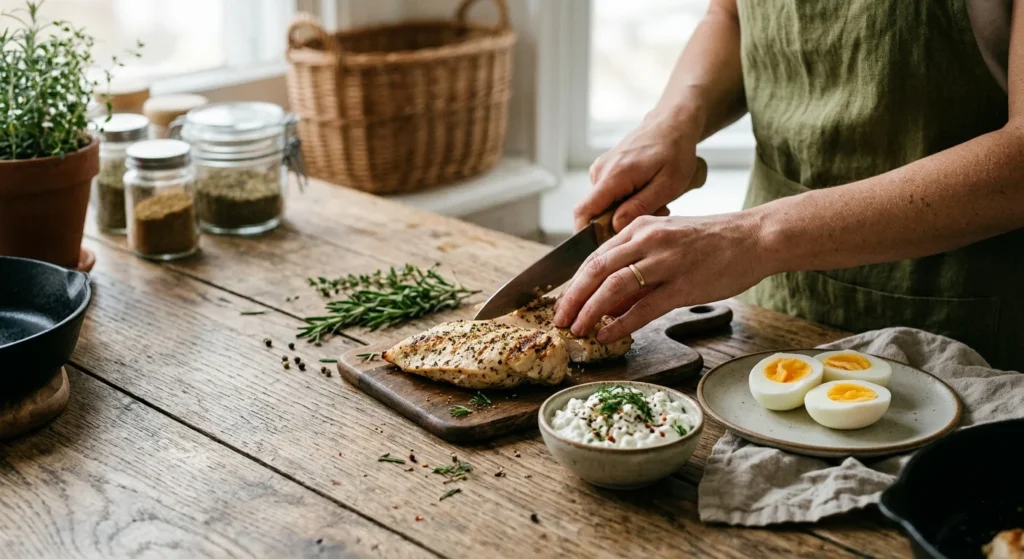 Hands preparing chicken breast, eggs, and cottage cheese – protein is one of the essential nutrients women need after 40 to preserve muscle mass