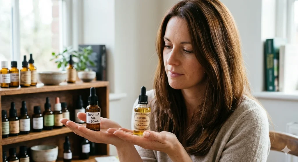 Woman holding two small oil bottles in her palms looking thoughtful with shelf of oil bottles in background