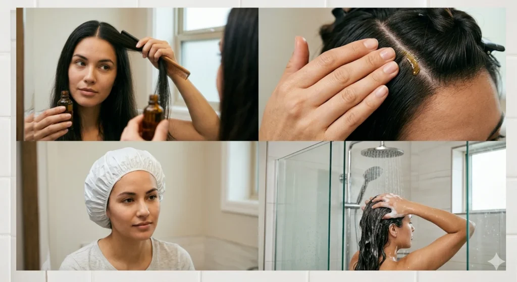 Four step collage showing woman sectioning hair, massaging oil into scalp, wearing shower cap, and shampooing hair