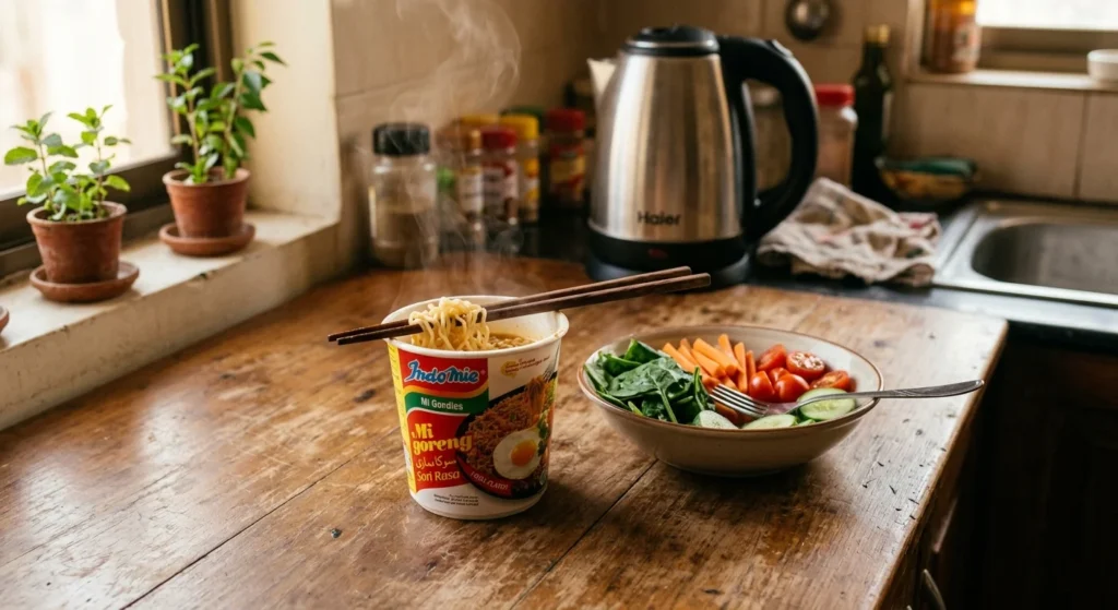 Realistic photo of an instant noodle cup with steam rising and chopsticks resting on it on a wooden kitchen table