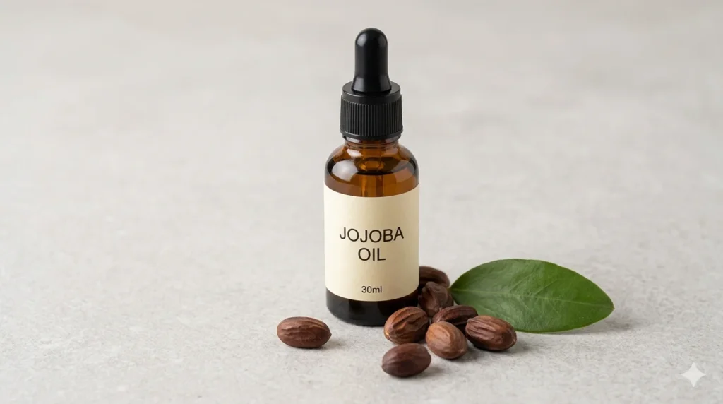 Amber dropper bottle of jojoba oil next to brown jojoba seeds and green jojoba leaf on light grey stone surface