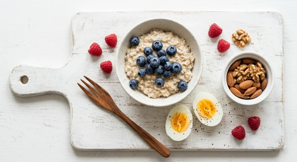 Visual breakfast food arrangement showing eggs, oatmeal, nuts, and berries on a white board