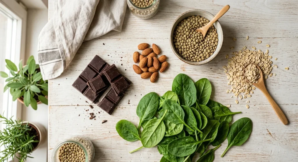 Dark chocolate, almonds, spinach, lentils, and oats – magnesium, fiber, and iron support the essential nutrients women need after 40