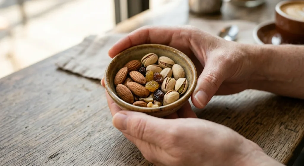 Person mindfully eating a small portion of mixed dry fruits from a tiny bowl for weight loss success