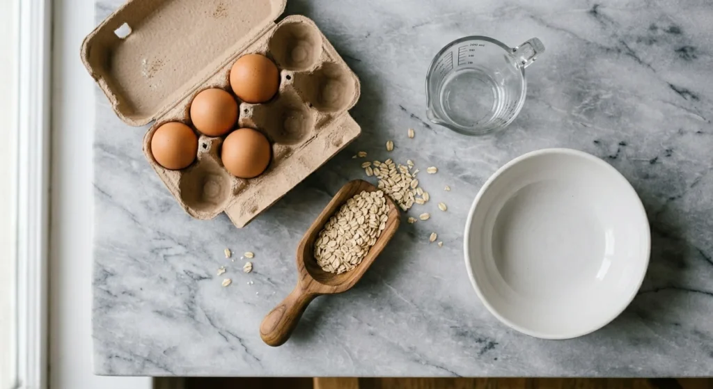 Raw eggs in a carton and dry rolled oats in a wooden spoon next to a measuring cup oatmeal vs eggs which breakfast is better for fiber and protein