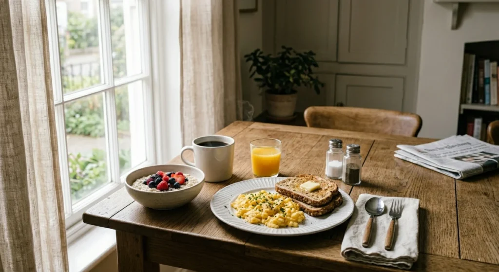 A complete breakfast table showing both oatmeal and eggs together with coffee and orange juice