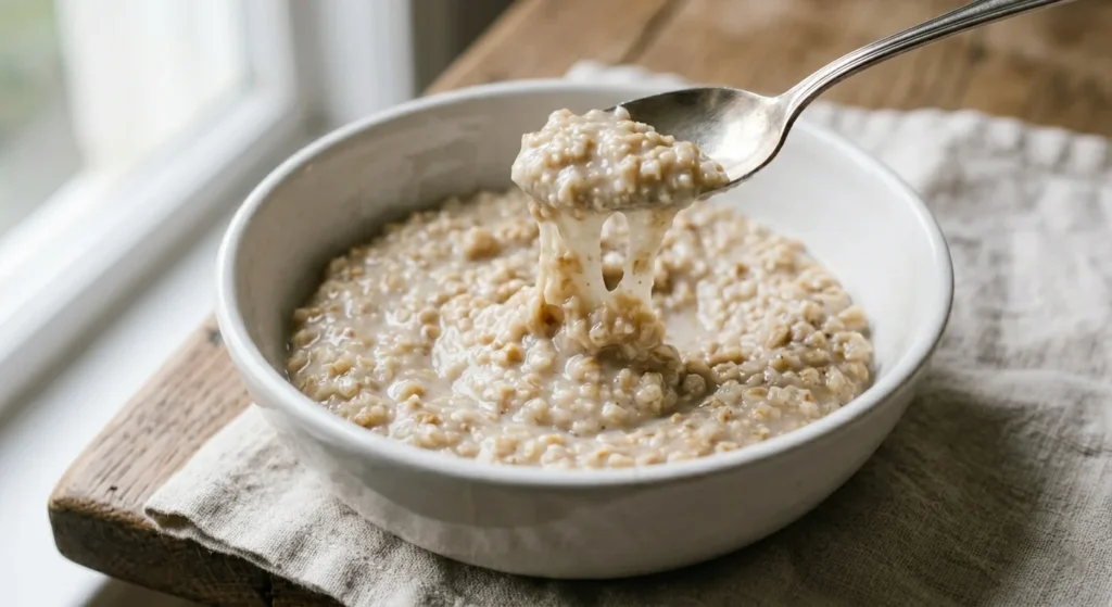 A close-up bowl of steel-cut oatmeal with a spoon lifting oats showing thick texture