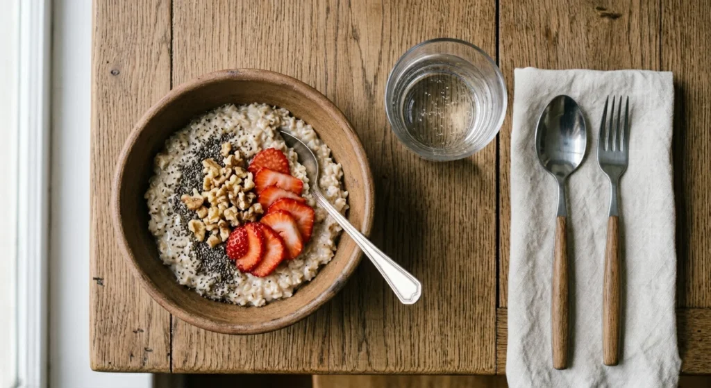 A bowl of oatmeal topped with chia seeds, walnuts, and fresh strawberries on a rustic table