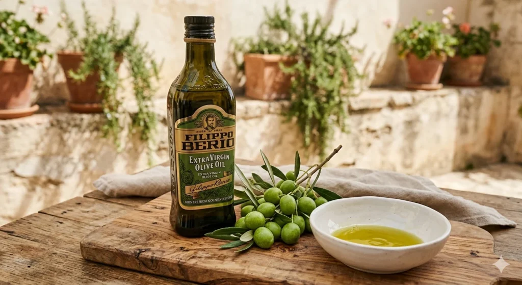 Green glass bottle of extra virgin olive oil next to fresh green olives on wooden board with small bowl of oil