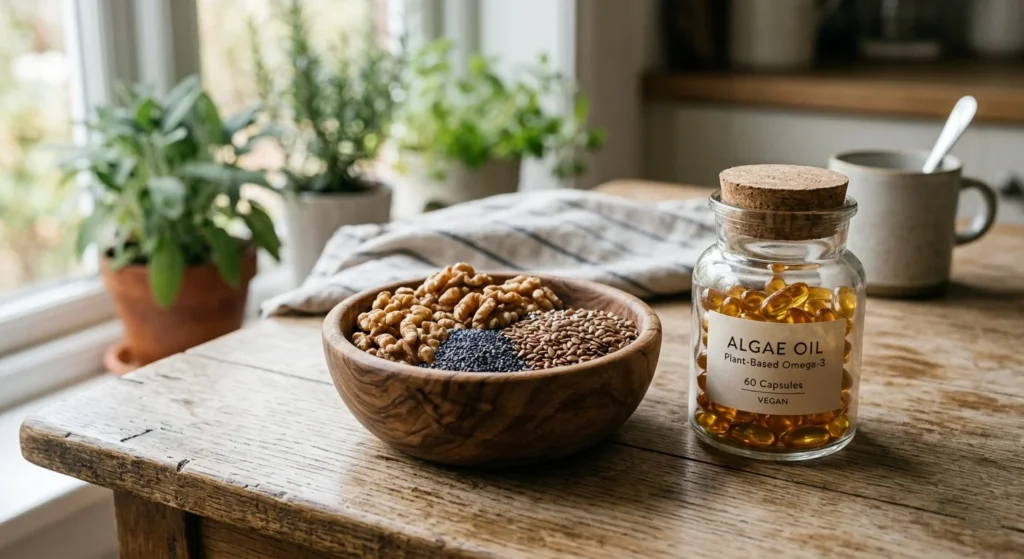 Bowl of walnuts, chia seeds, and flaxseeds with algae oil capsules – omega-3s are essential nutrients women need after 40 for heart health