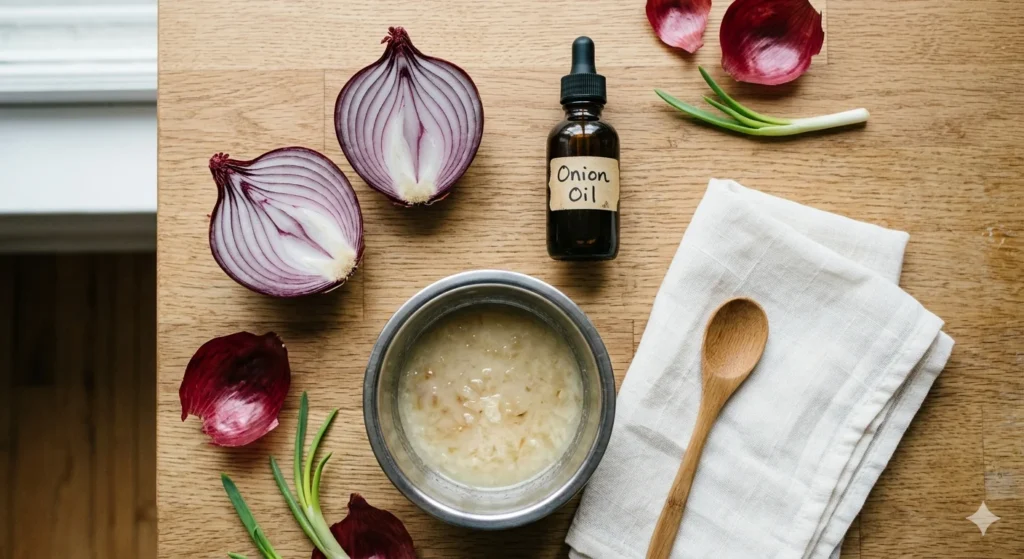 Flat lay of red onions cut in half, dark glass onion oil bottle, and homemade onion-infused oil in stainless steel bowl