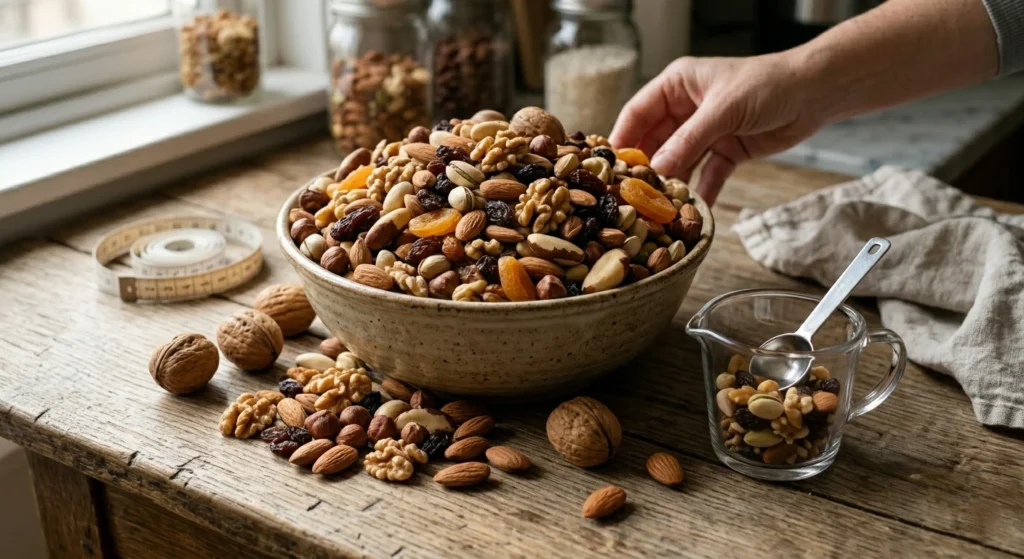 Large pile of mixed nuts and dried fruits showing common overeating mistake for weight loss