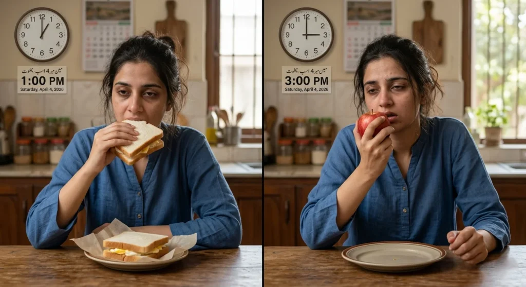 Person holding a white bread sandwich at 1 PM and looking tired holding an apple at 3 PM in a natural home environment