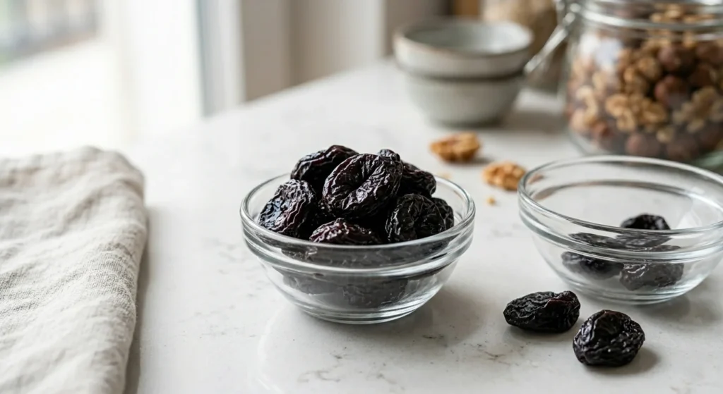Dried prunes in a small glass bowl for digestive regularity and metabolism
