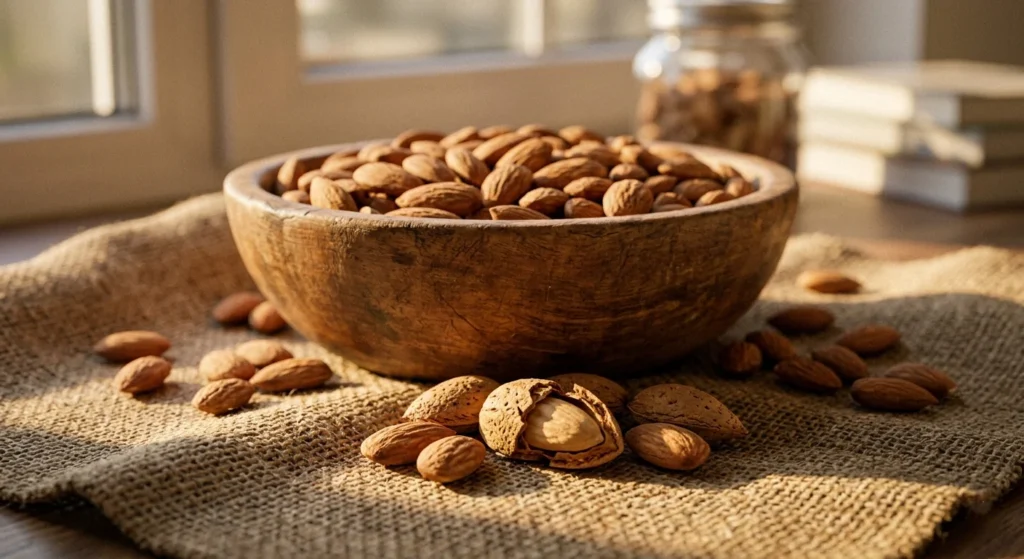Raw almonds in a wooden bowl for healthy snacking and weight loss