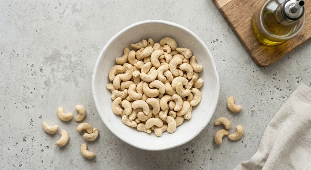 Raw cashews in white ceramic bowl for quick energy and weight management