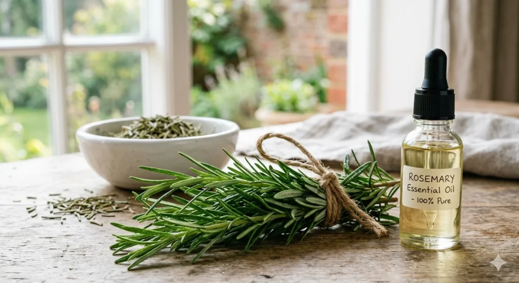 Fresh green rosemary sprigs tied with twine beside clear glass bottle of rosemary essential oil and dried rosemary leaves