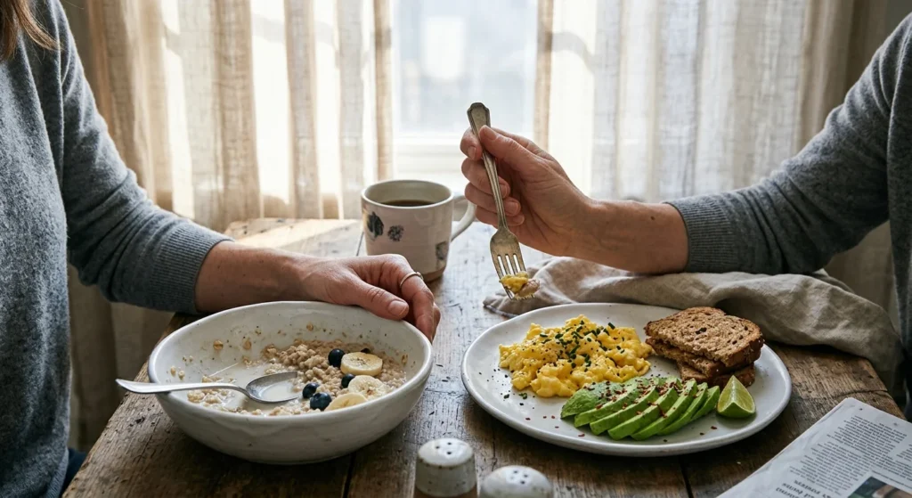 A person holding a fork over a breakfast plate with eggs and a separate bowl of oatmeal