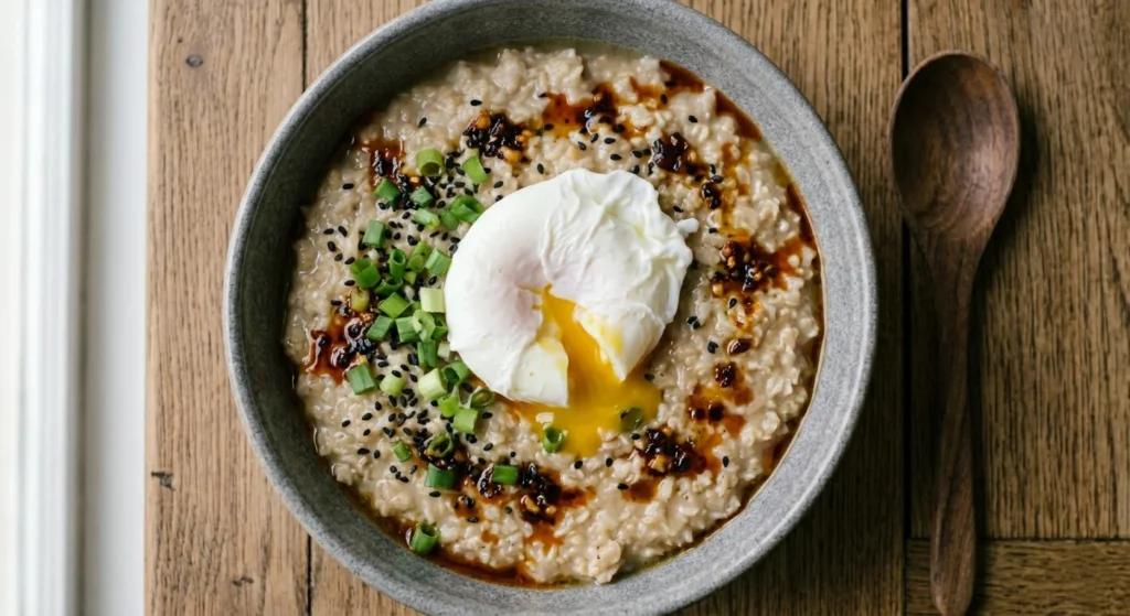  savory oatmeal bowl topped with a poached egg, green onions, and black sesame seeds
