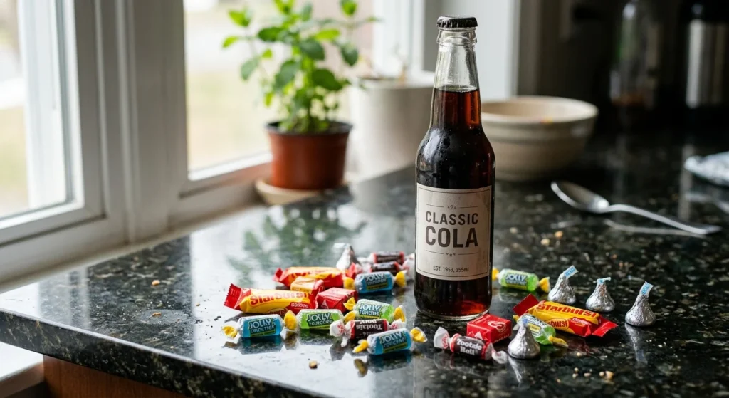 Close-up of a glass soda bottle and scattered wrapped candies on a dark granite kitchen counter