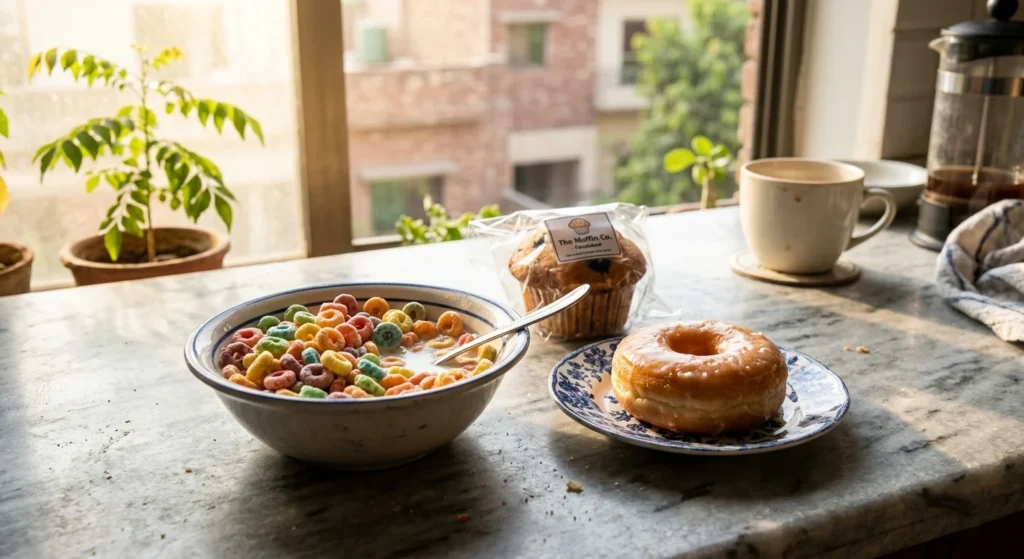 Morning kitchen scene with a bowl of sugary breakfast cereal, a glazed donut, and a packaged muffin on a marble countertop
