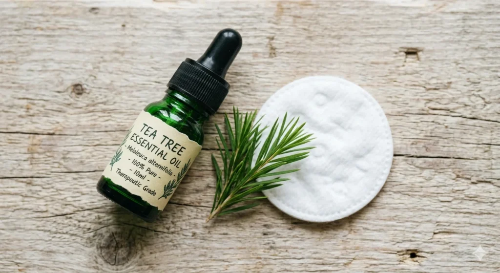 Small green glass bottle of tea tree essential oil with dropper next to fresh green tea tree leaves and white cotton pad