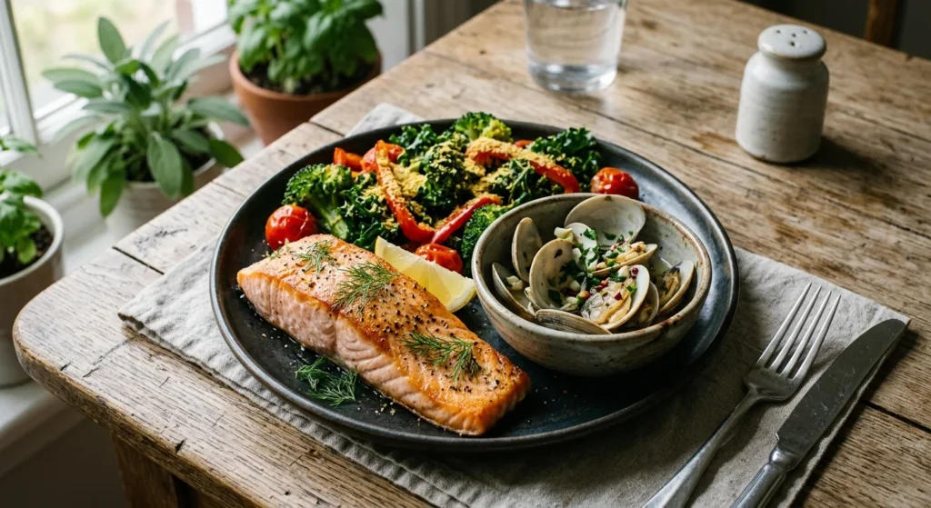 Plate of salmon, clams, and nutritional yeast – vitamin B12 is a key essential nutrient women need after 40 for energy and brain health