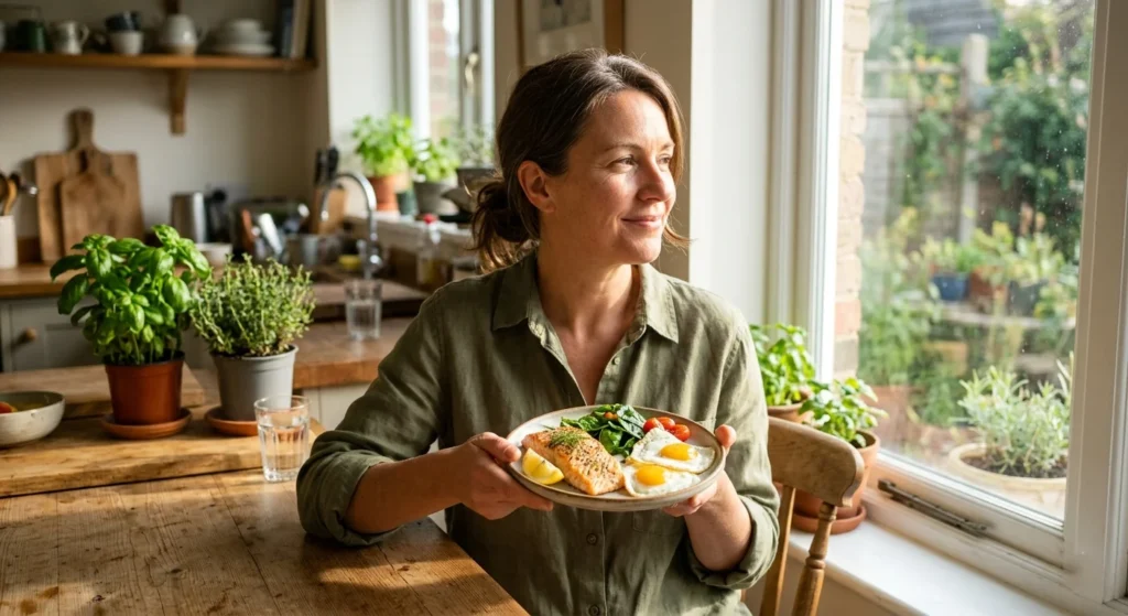 Woman by sunny window eating salmon and eggs – vitamin D is among the essential nutrients women need after 40 to absorb calcium