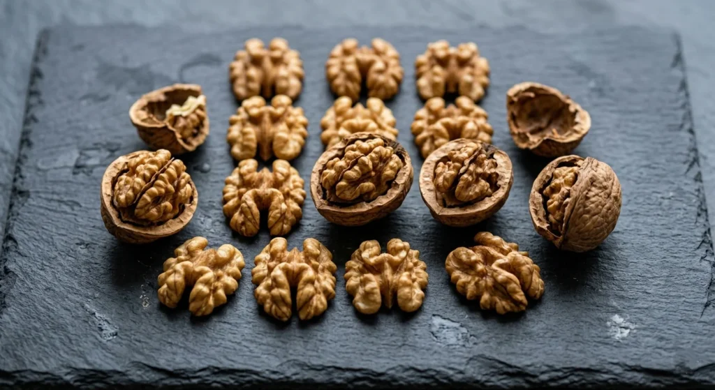Walnuts in shell halves showing healthy omega-3 fats for metabolism support