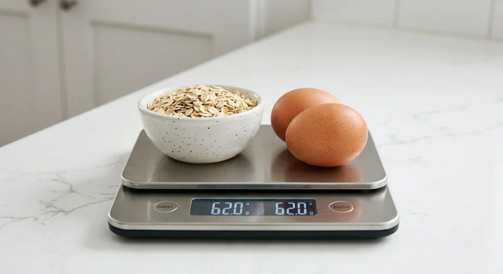 A digital kitchen scale with a bowl of oatmeal on one side and two eggs on the other side