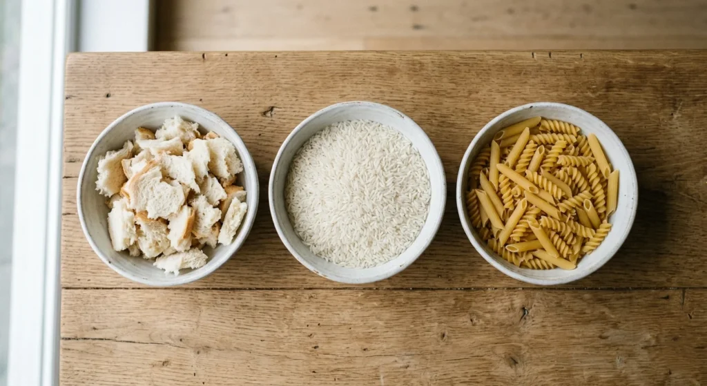 Top-down view of three bowls containing white bread pieces, uncooked white rice, and refined flour pasta on a wooden table