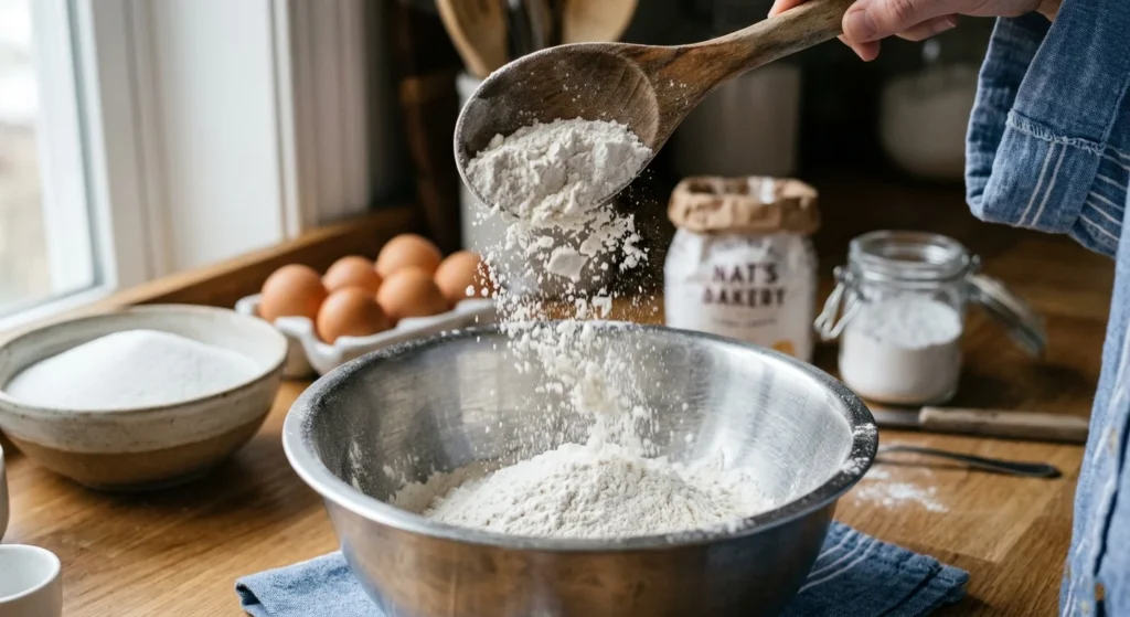 Close-up realistic photo of white flour being poured from a wooden spoon into a metal mixing bowl in a kitchen