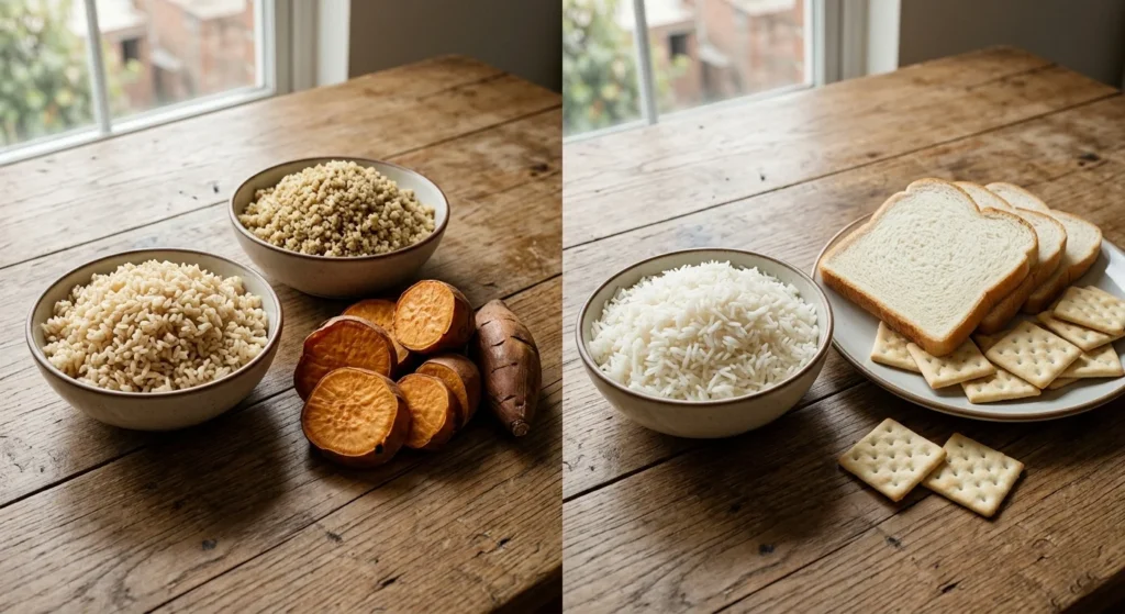Side-by-side comparison on a wooden table with brown rice, quinoa, sweet potatoes on the left and white rice, white bread, crackers on the right