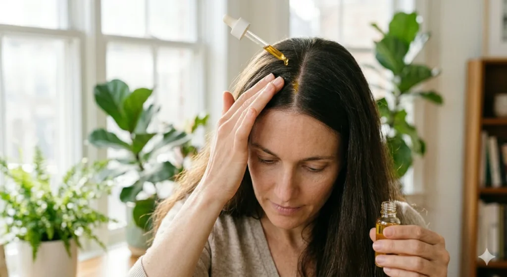 Woman applying natural oil from dropper bottle to her scalp using fingertips to promote healthy hair growth