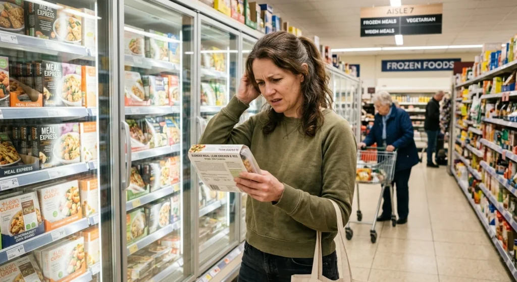 Woman in grocery store holding a low-calorie frozen dinner – processed foods lack the essential nutrients women need after 40