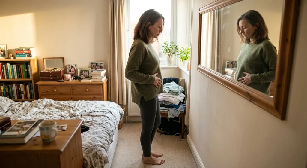 Woman in mid-40s examining her body in a mirror – hormonal shifts explain why essential nutrients women need after 40 are different