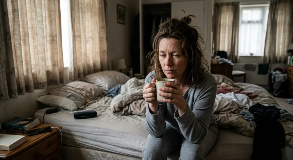 Tired woman in her 40s holding coffee in bed – fatigue is a sign she may need essential nutrients women need after 40