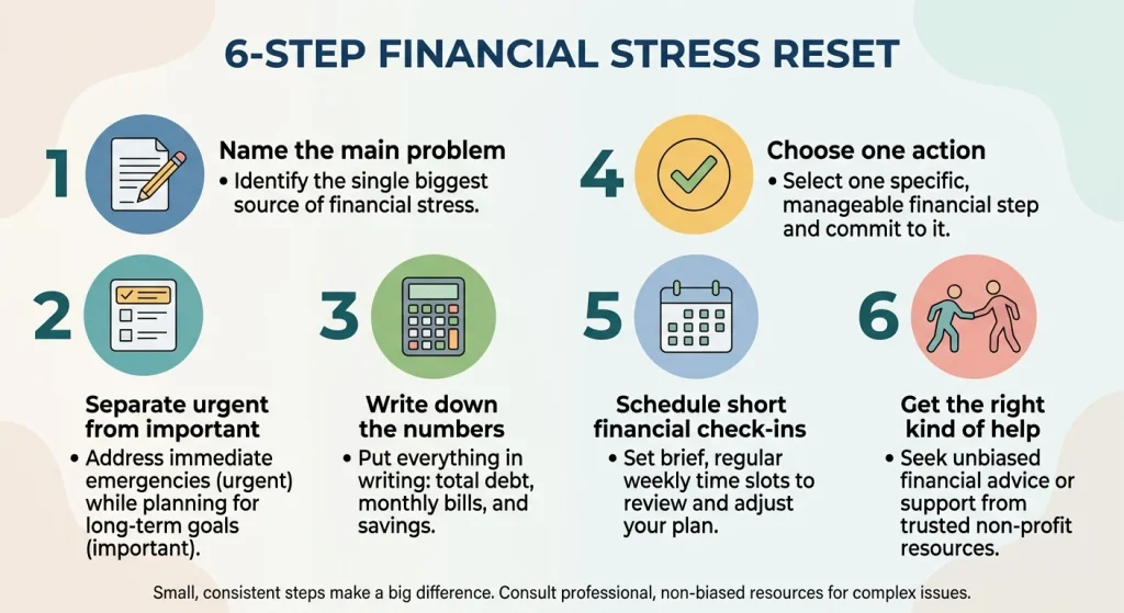 Six-step financial stress reset for organizing money worries and choosing practical actions