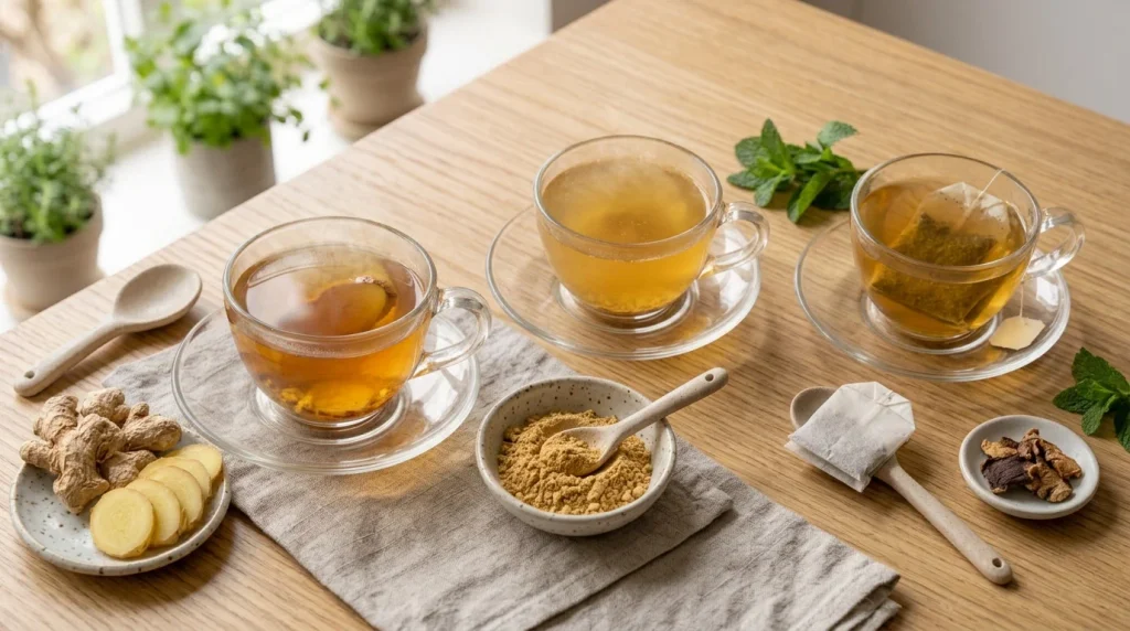 Fresh ginger, ground ginger and ginger tea bag beside cups of tea