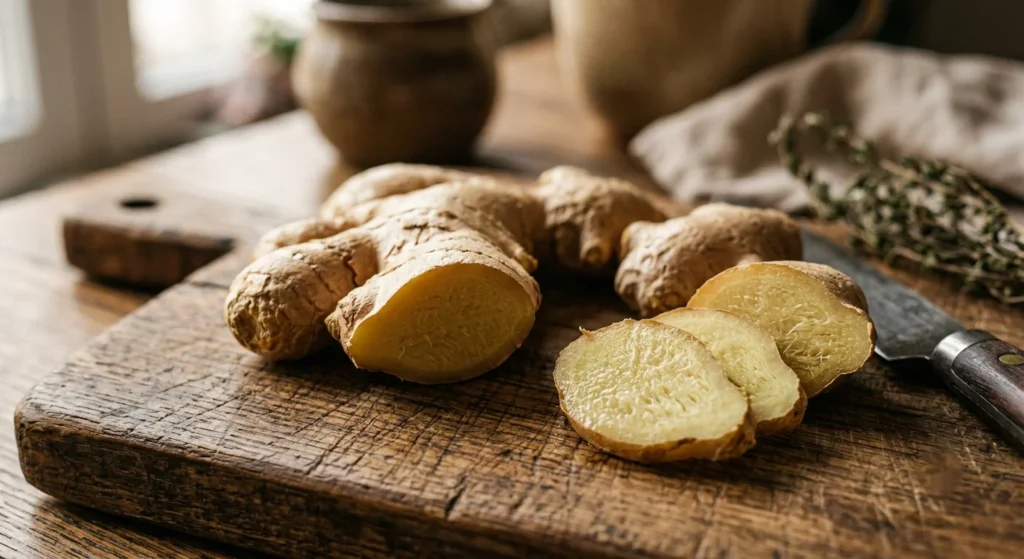 Close-up of fresh organic ginger root on a wooden cutting board showing the fibrous interior texture and golden-brown skin.
