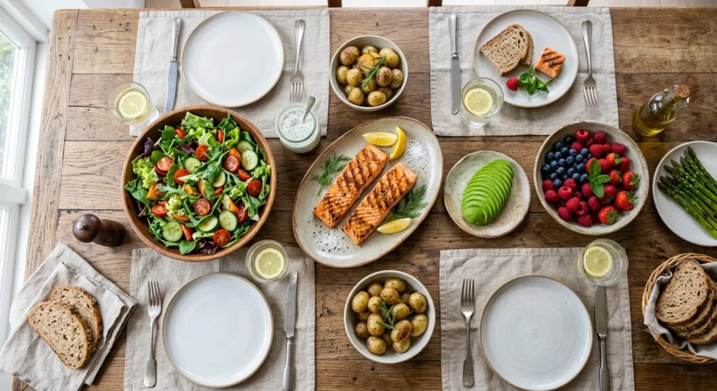 Healthy meal with salmon and vegetables on wooden table