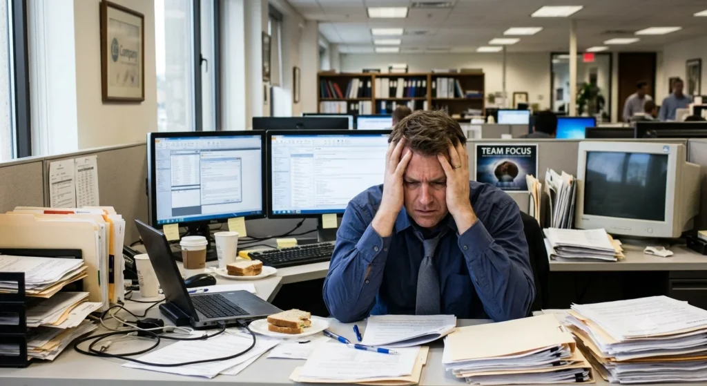 Stressed businessman holding head at cluttered office desk