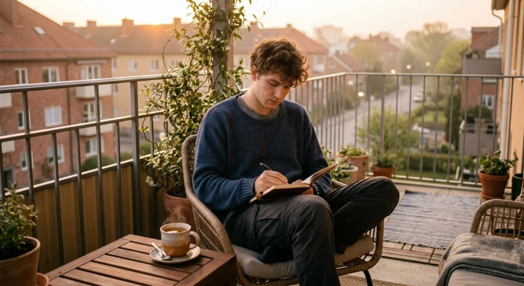 Man writing in journal on balcony during sunrise