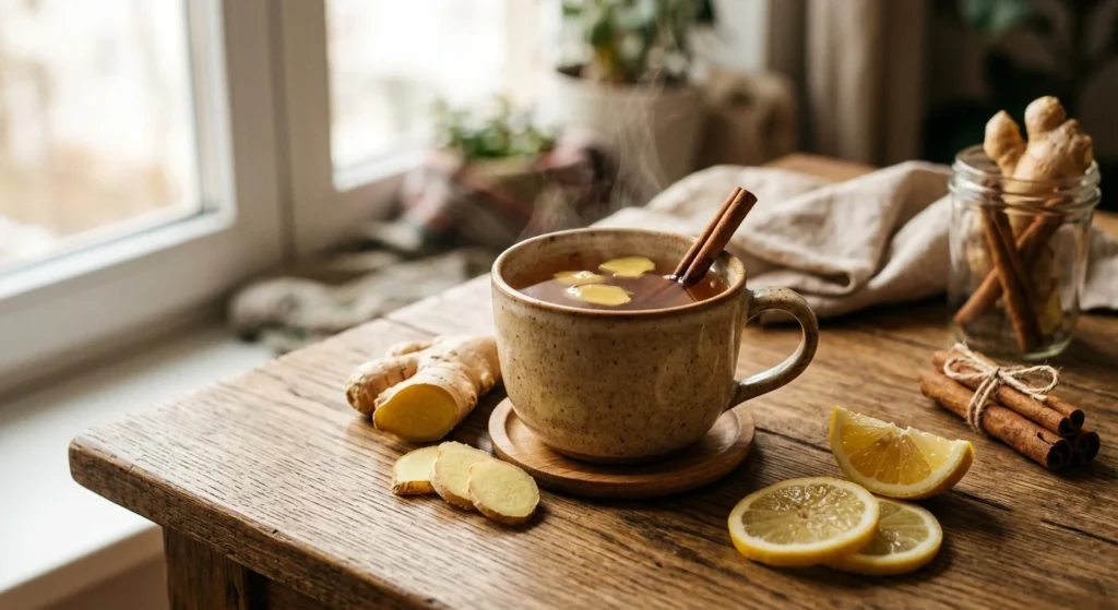 Freshly brewed Ginger Tea Benefits in a ceramic cup with fresh ginger root slices, cinnamon stick, and lemon wedges on a rustic wooden table with steam rising.