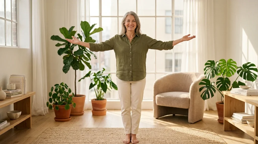 Confident woman balancing Mental and Physical Health in a sunlit room